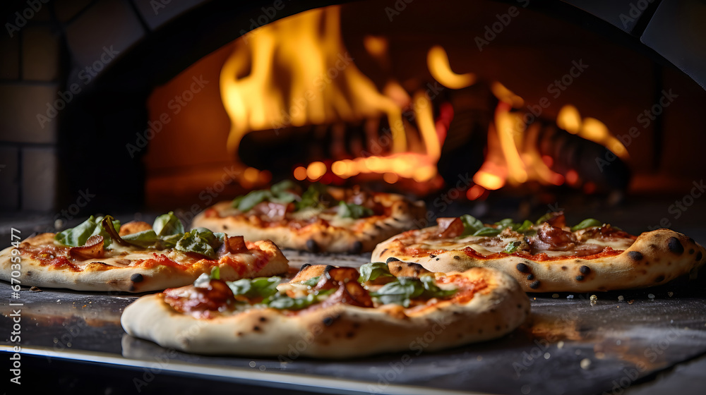 pizza in oven, close-up of a pizza oven with a pizza cooking inside