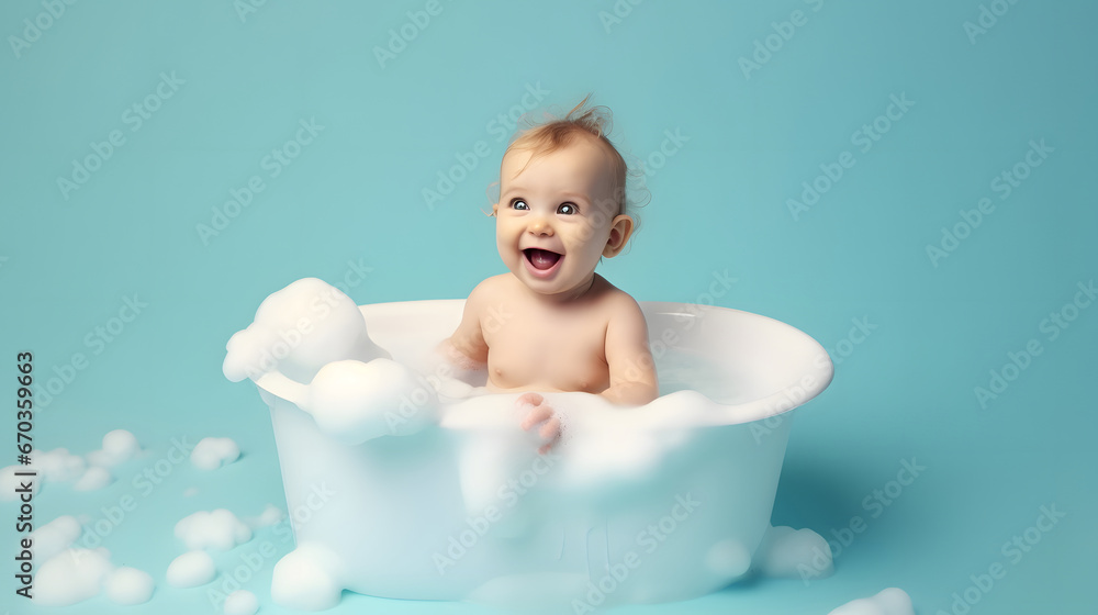 child taking a bath, Cute baby in bathtub