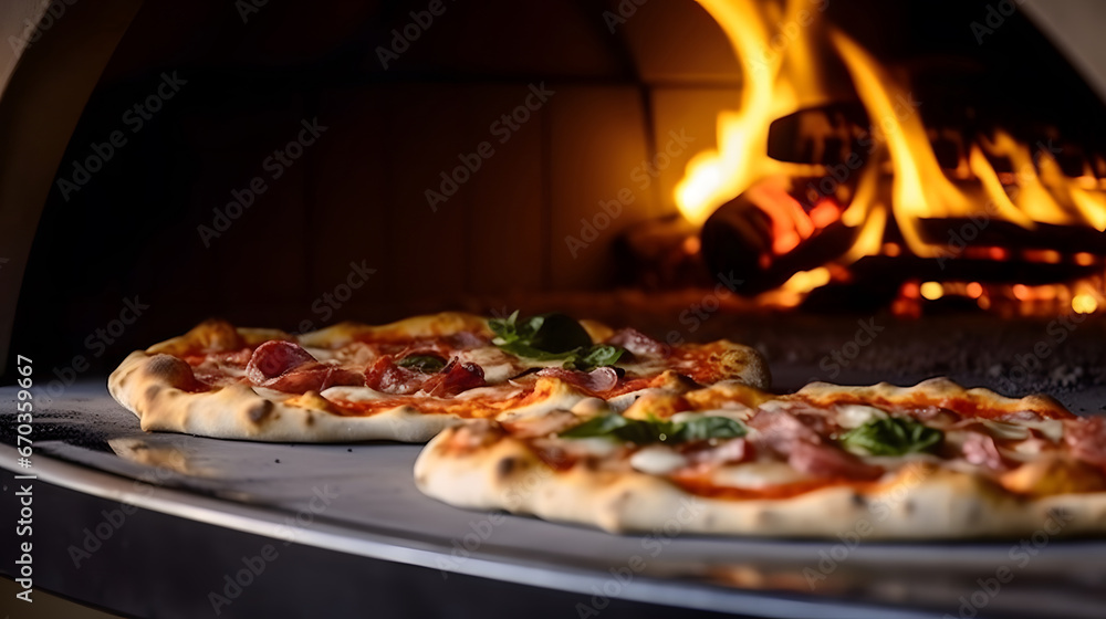 pizza in oven, close-up of a pizza oven with a pizza cooking inside