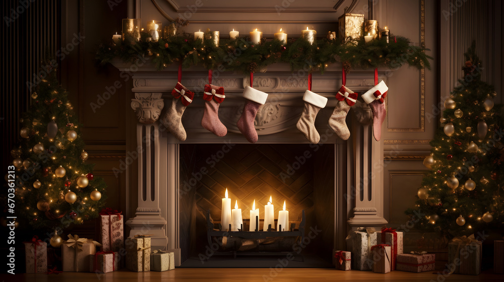 fireplace with a decorated mantel and candles on either side with presents and a wreath on the wall behind the fireplace room decorated for christmas fireplace background