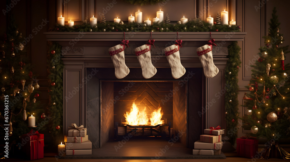 fireplace with a decorated mantel and candles on either side with presents and a wreath on the wall behind the fireplace room decorated for christmas fireplace background