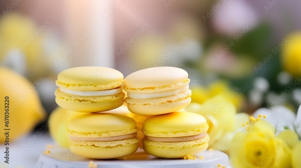 yellow macaroons  with lemon decoration on a wooden table