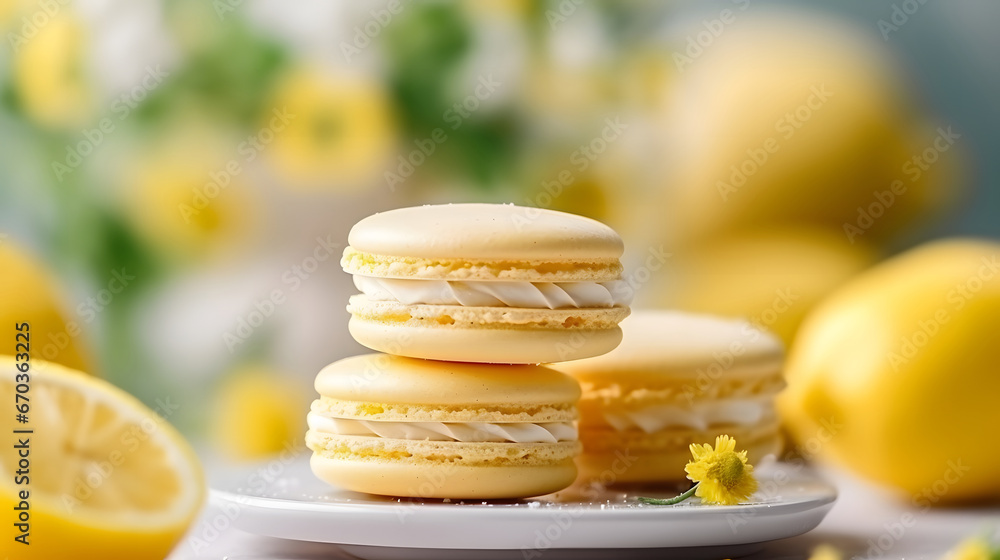 yellow macaroons  with lemon decoration on a wooden table