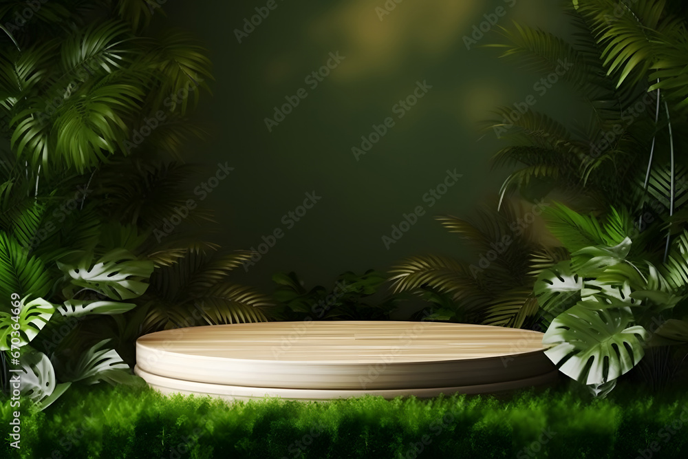  Upscale 30 Oct, 3:41 pm Product presentation with a wooden podium set amidst a lush tropical forest, enhanced by a vibrant green backdrop