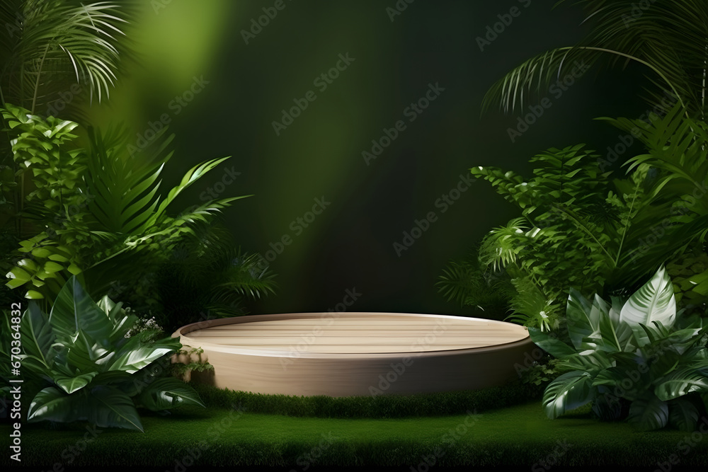 Wood tabletop counter podium floor in outdoors tropical garden forest blurred green leaf plant nature background.Natural product placement pedestal stand display,summer jungle paradise concept.