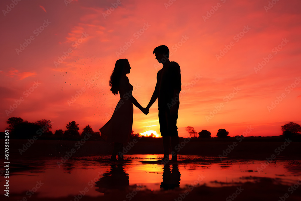 silhouette of a couple on the beach at sunset