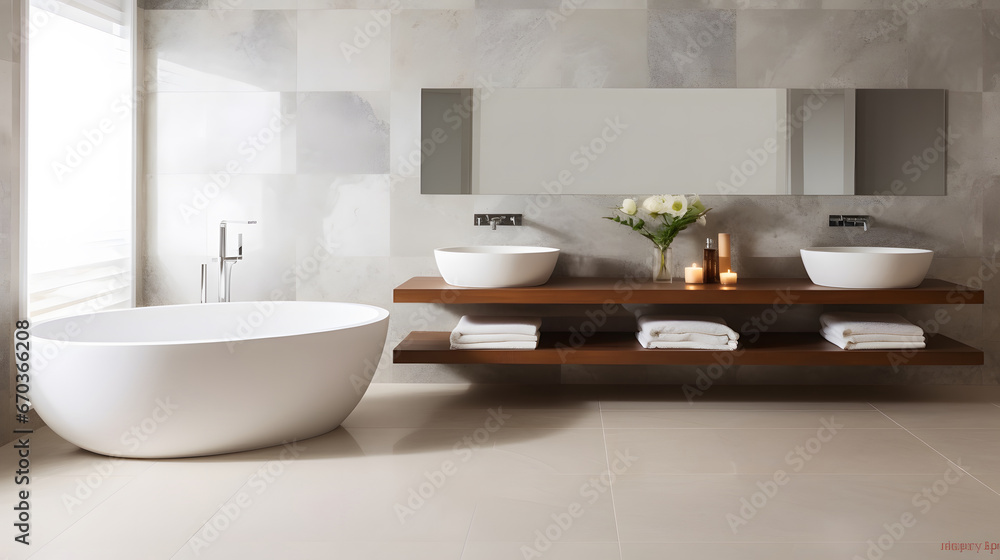 Stylish marble bathroom with large oval bathtub and twin washbasins With copyspace for text