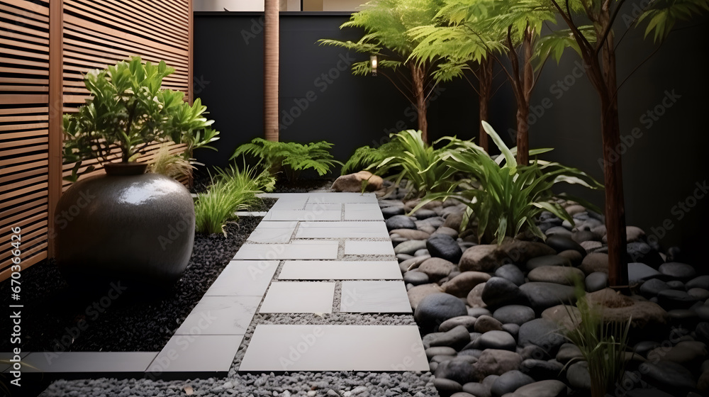 Small tropical plants and paving stone in garden modern house. Exterior design plant in garden