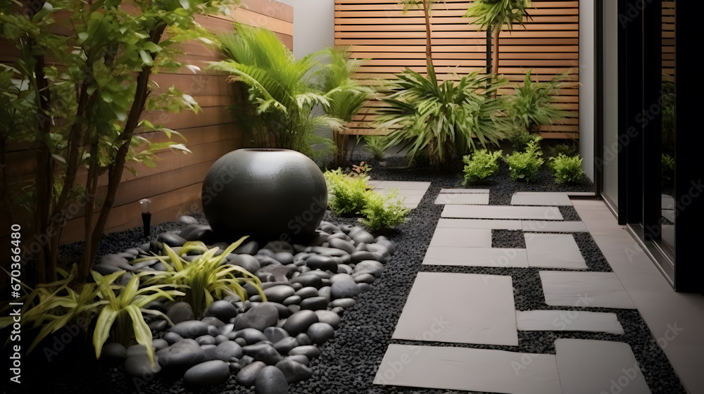 Small tropical plants and paving stone in garden modern house. Exterior design plant in garden