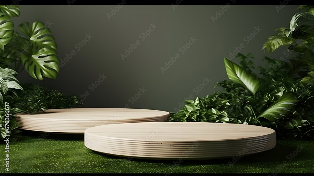 Wood tabletop counter podium floor in outdoors tropical garden forest blurred green leaf plant nature background.Natural product placement pedestal stand display,summer jungle paradise concept.