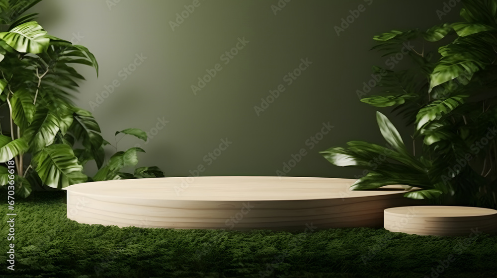 Wood tabletop counter podium floor in outdoors tropical garden forest blurred green leaf plant nature background.Natural product placement pedestal stand display,summer jungle paradise concept.