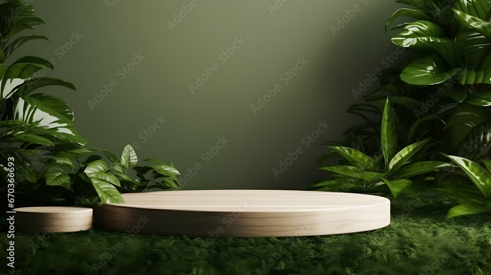 Wood tabletop counter podium floor in outdoors tropical garden forest blurred green leaf plant nature background.Natural product placement pedestal stand display,summer jungle paradise concept.