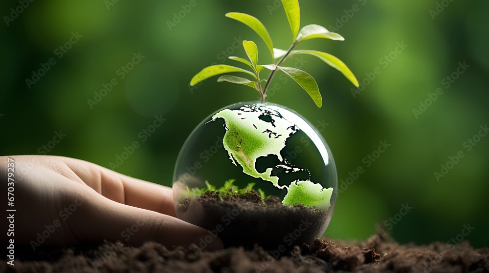 Greening for sustainable future and CO2 footprint reduction. Environmental conservation for better tomorrow. Earth recovery from carbon dioxide with forestation initiative. Greenhouse awareness.