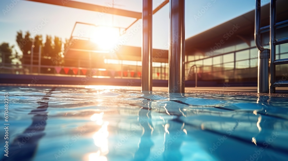 Calm water surface in the empty swimming pool of the sports center, sunrise. Generative AI