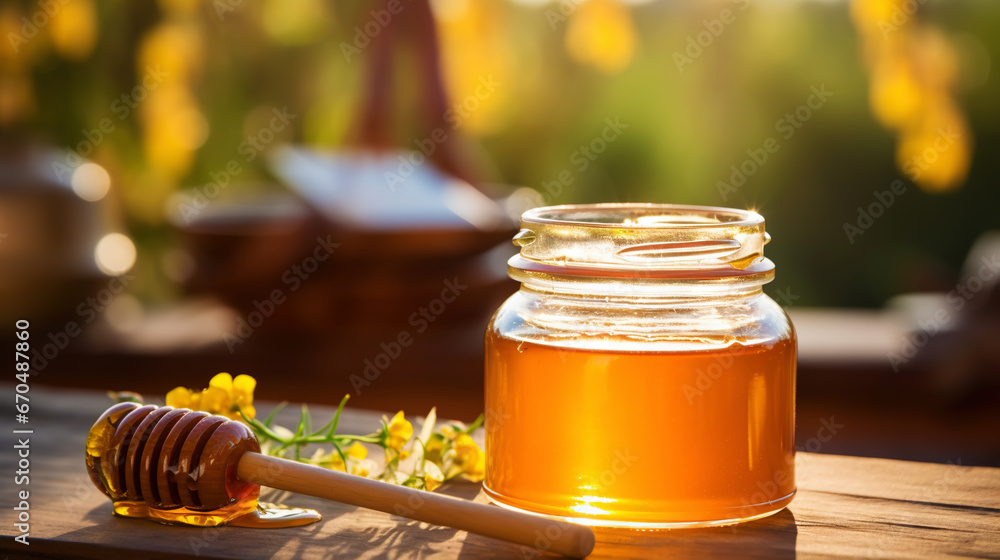 Close-up of a jar of honey with a honey dipper on a wooden table with a green natural background. Generative AI