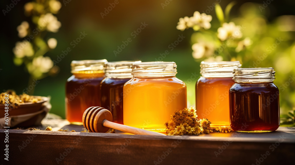 Jars with different types of organic flower honey on a wooden table in an apiary. Generative AI