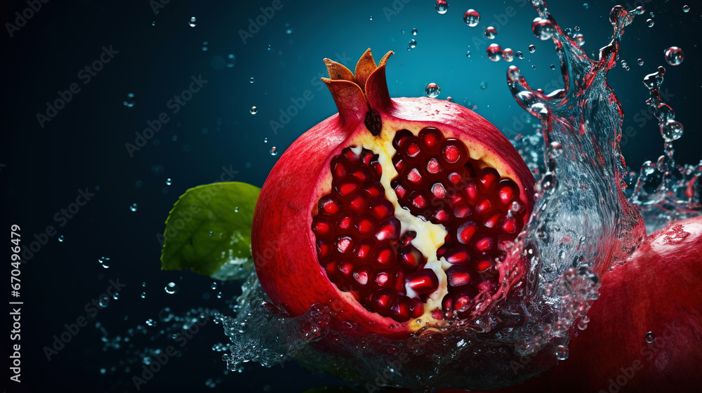 Fresh pomegranates with water splashes on black background. Generative AI