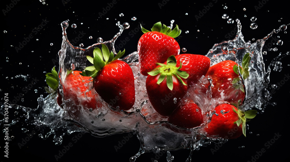 Fresh strawberry with water splashes on dark background. Generative AI