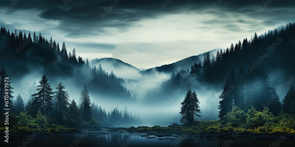 Misty mountain landscape with fir forest and river in vintage retro style. Generative AI