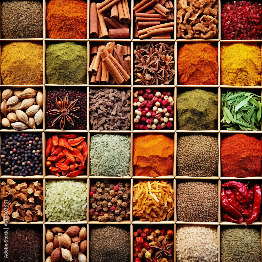 Collection of different aromatic spices and seeds in a wooden cells on black background, view from above. Generative AI