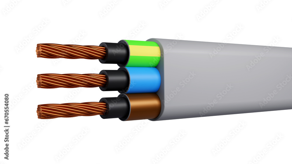 3D rendering of Standard color code for electrical wiring on a white background, Single-phase system