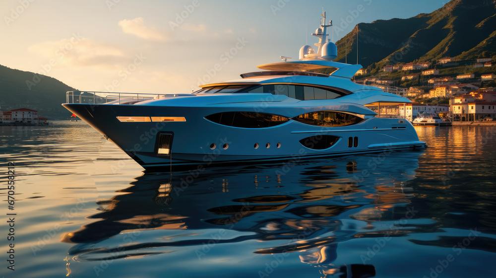 Luxury yacht moored in a picturesque bay in the evening light.