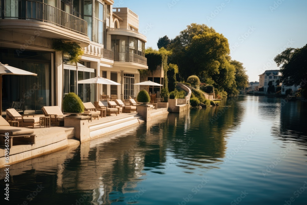 Holiday hotel near the river, high-end hotel.