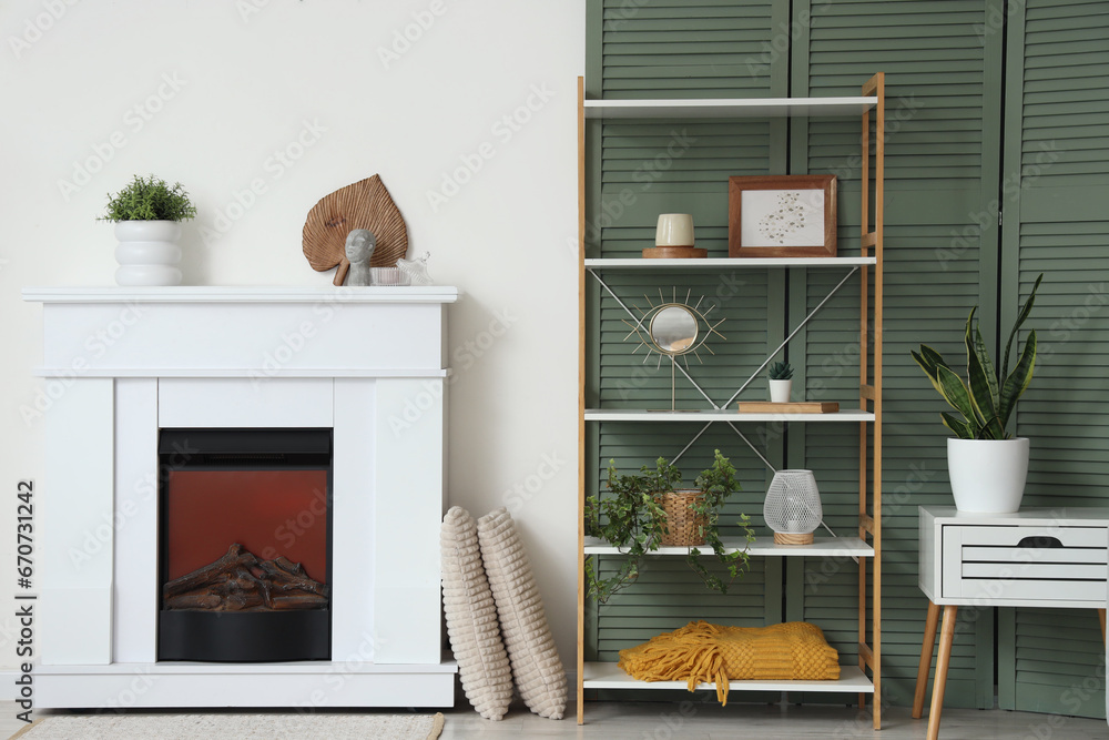 Interior of living room with electric fireplace and shelf unit