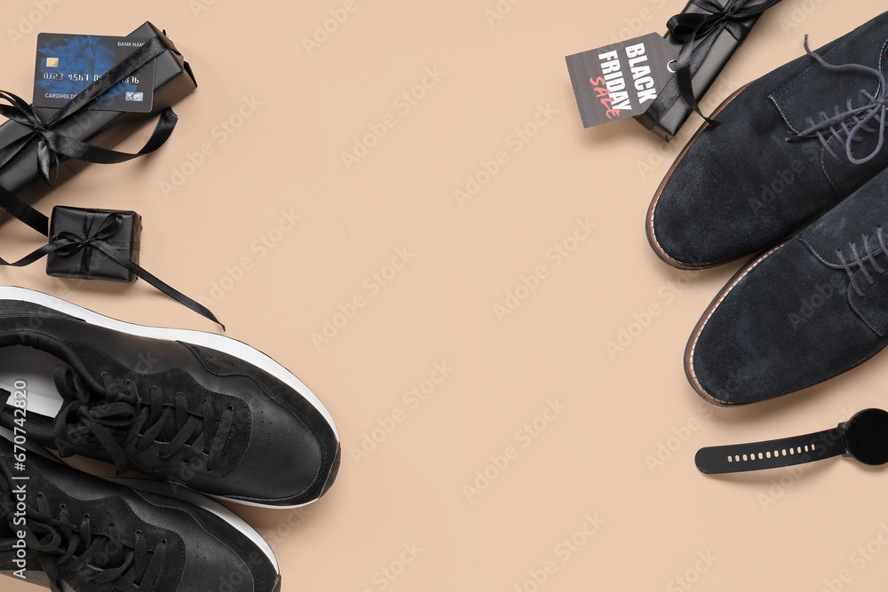 Composition with stylish male shoes, credit card and gifts on color background. Black Friday sale