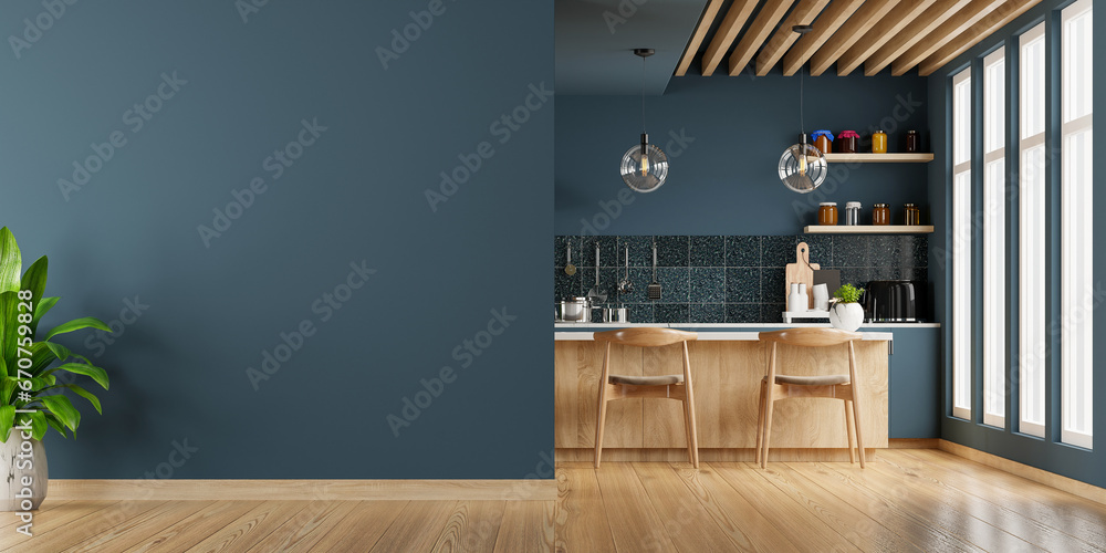 Mockup wall modern style kitchen interior design with dark blue wall