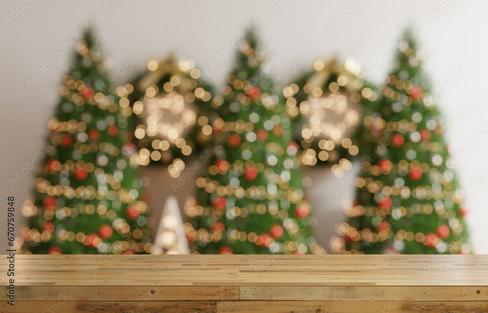 Empty wooden table in room of christmas tree with decoration background