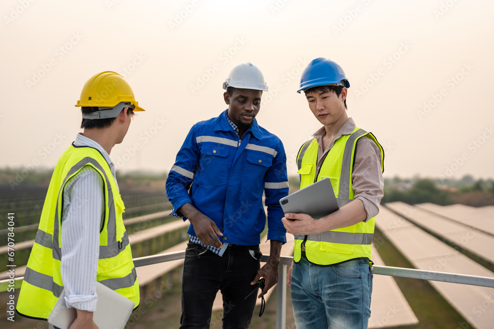 Professional engineer work to maintenance of photovoltaic panel system.