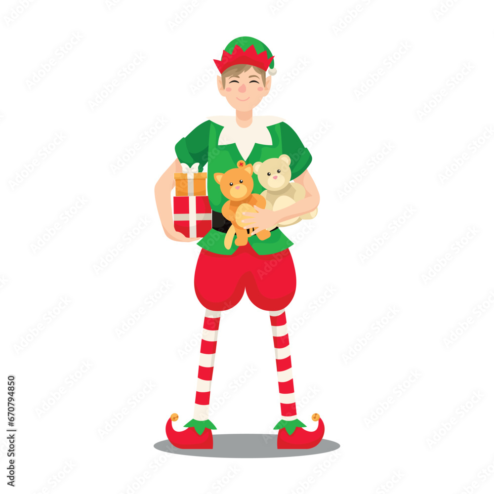 Christmas elf with gift and toys on white background