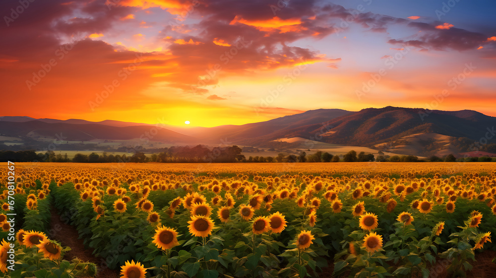 sunflower field at sunset, Beautiful sunset over sunflower field