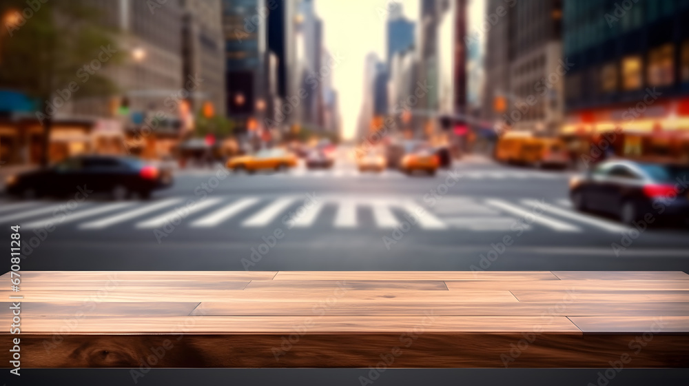 The empty wooden table top with blur background of  street city. 