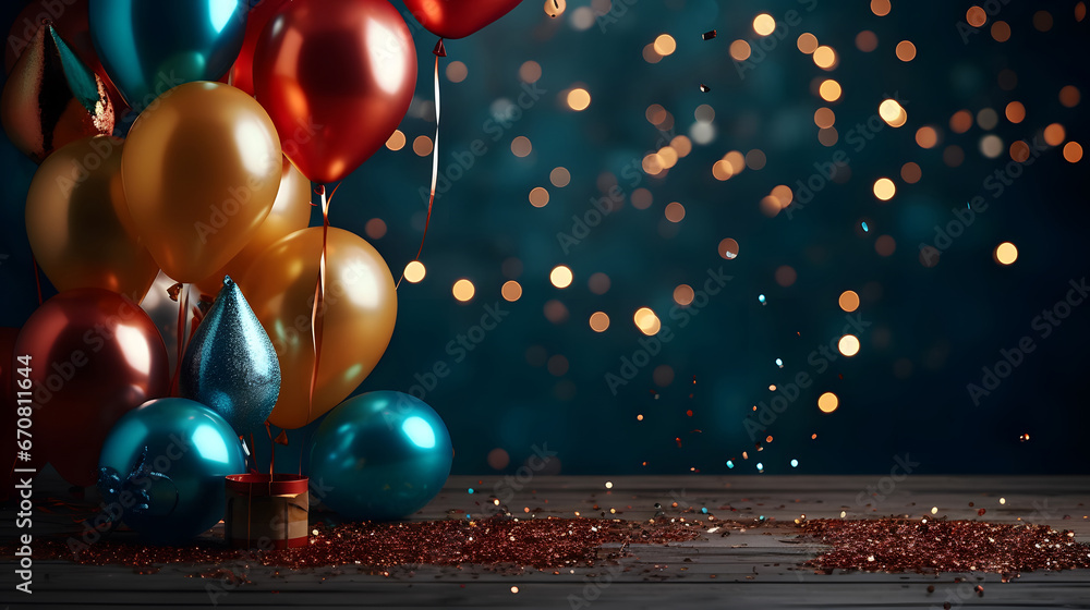 balloons and confetti on a black background,  festive background with fireworks and colored balloons on the table, in the style of dark teal and bronze,