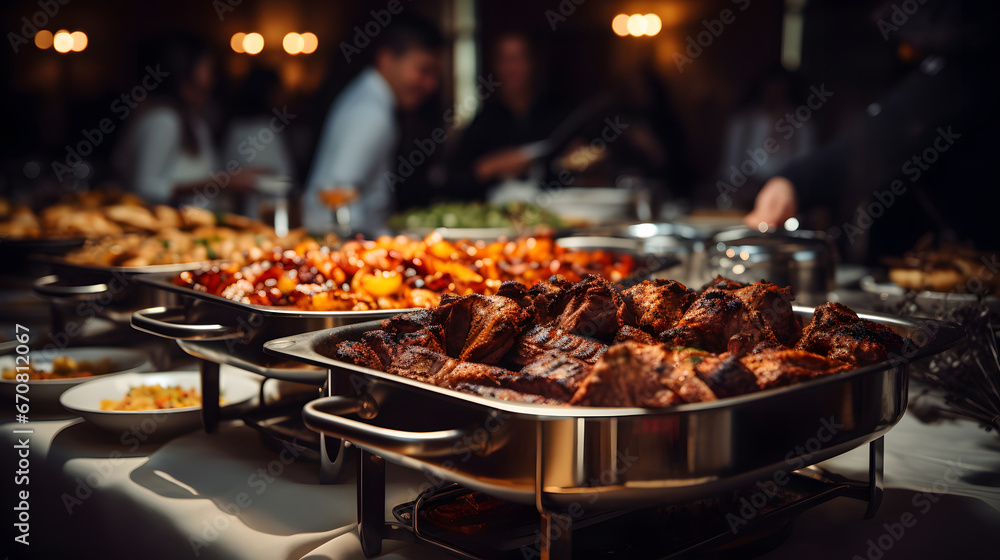 People group catering buffet food indoor in restaurant with meat colorful fruits and vegetables.