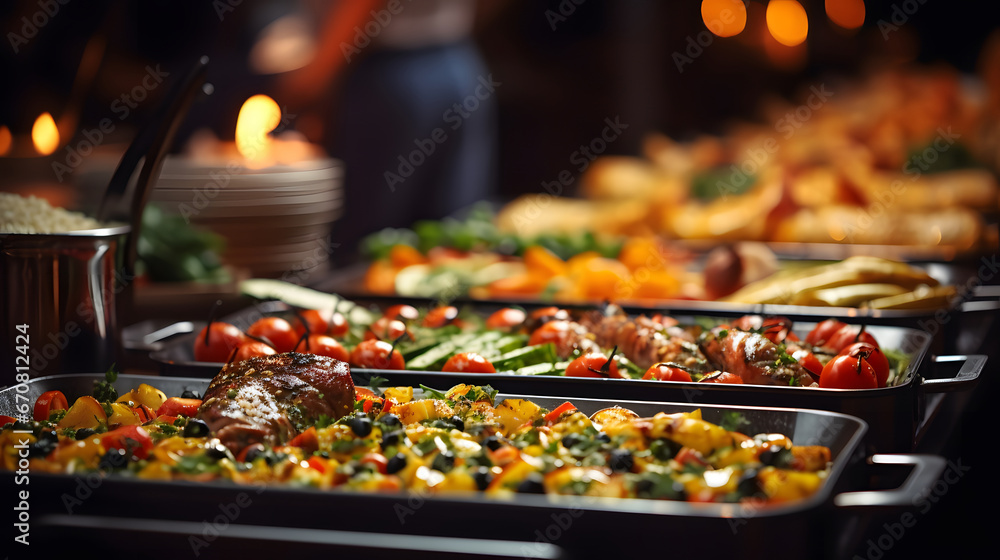 People group catering buffet food indoor in restaurant with meat colorful fruits and vegetables.