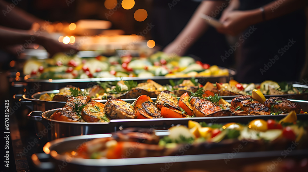 People group catering buffet food indoor in restaurant with meat colorful fruits and vegetables.