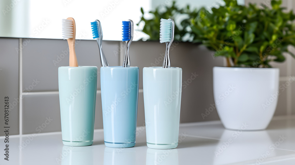 Holder with plastic toothbrushes on white countertop in bathroom