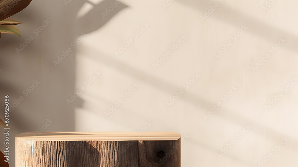 Minimal, natural log wood podium table in sunlight, palm leaf shadow in blank cream white wall, floor for modern luxury beauty, cosmetic, organic, nature, fashion product display background 3D renderi