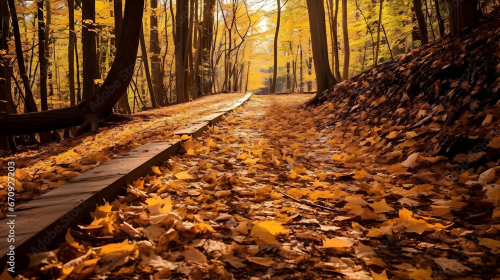 Leaves forming a pathway through the woods,autumn in the forest