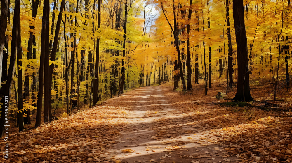 Leaves forming a pathway through the woods,autumn in the forest