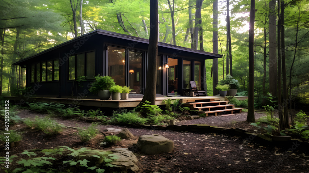 Tranquil yoga retreat in the woods.