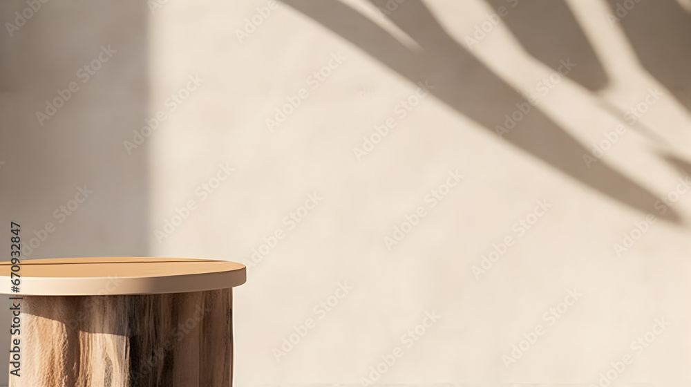 Minimal, natural log wood podium table in sunlight, palm leaf shadow in blank cream white wall, floor for modern luxury beauty, cosmetic, organic, nature, fashion product display background 3D renderi