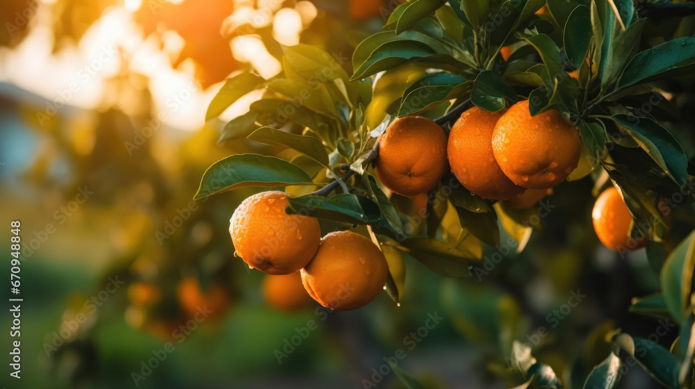 Agriculture, Oranges growing on a tree.