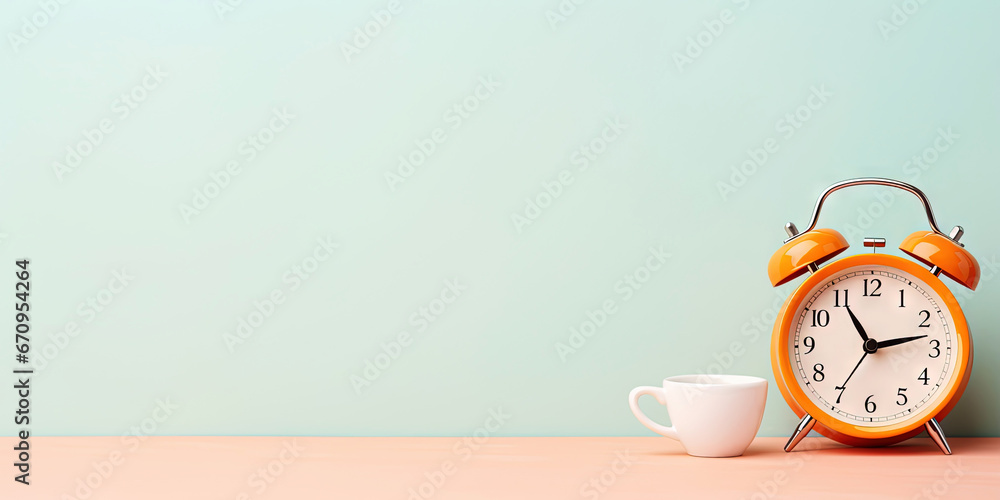 Vintage alarm clock and cup of hot coffee on the uniform pastel backdrop with a copy space. Generative AI