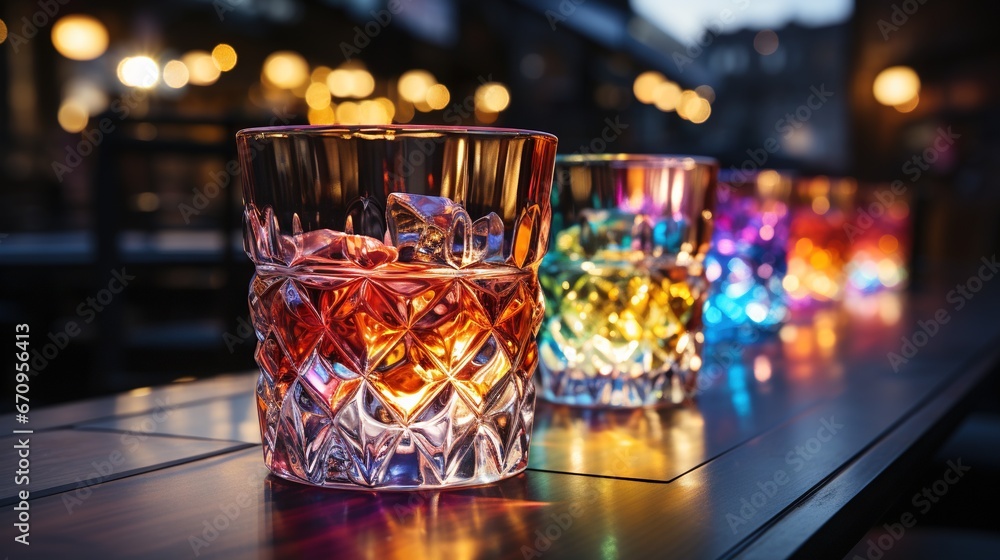 Close-up of stylish exotic pink cocktail with ice and lemon on the bar counter. Generative AI