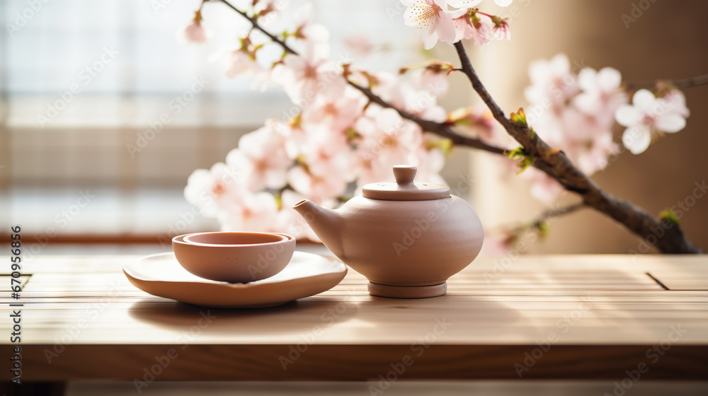 Tea ceremony, traditional teapot and ceramic cups on wooden tray on light background with sakura blossoms. Generative AI