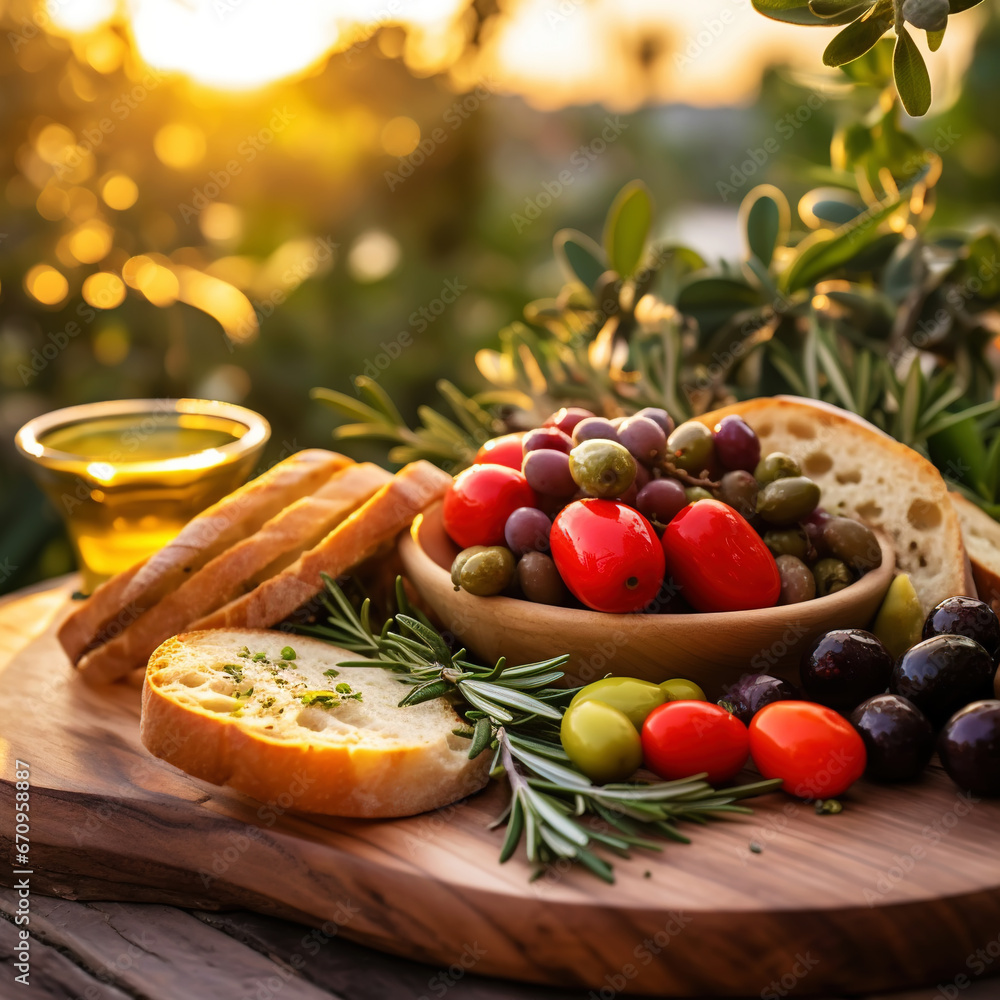 Mediterranean brunch with delicious tomatoes, ciabatta, olives, rosemary and cheese in an olive garden. Generative AI